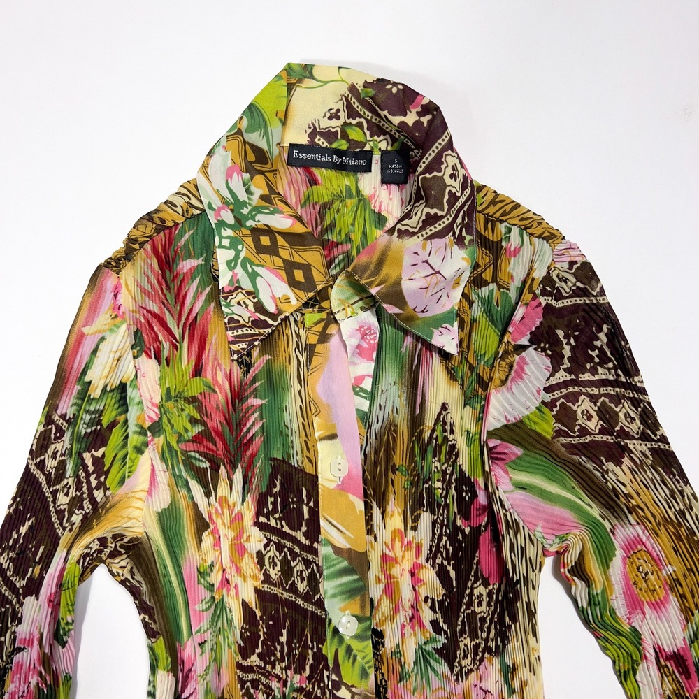 Essentials by Milano Tropical Floral Pleated Button Up Blouse Small Flared Cuff - Picture 4 of 6